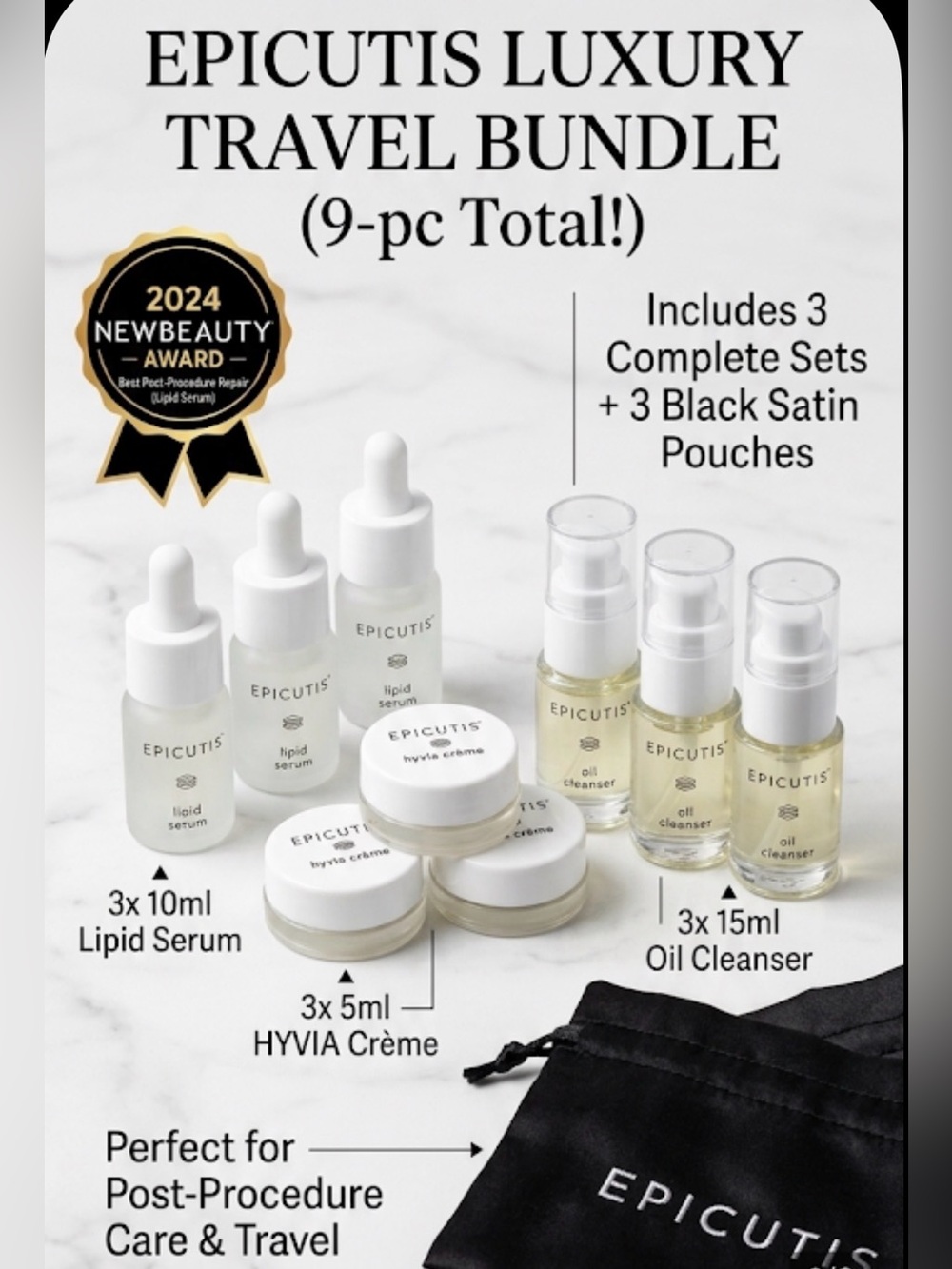 NEW Epicutis 3 Travel Sets Lipid Serum HYVIA Creme Oil Cleanser Bundle (9 pc)